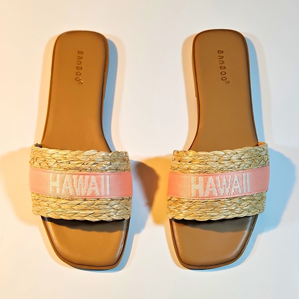 Bamboo Pink/Beige Raffia Strap Slide Sandals Slip On Women's US 10 EU 40